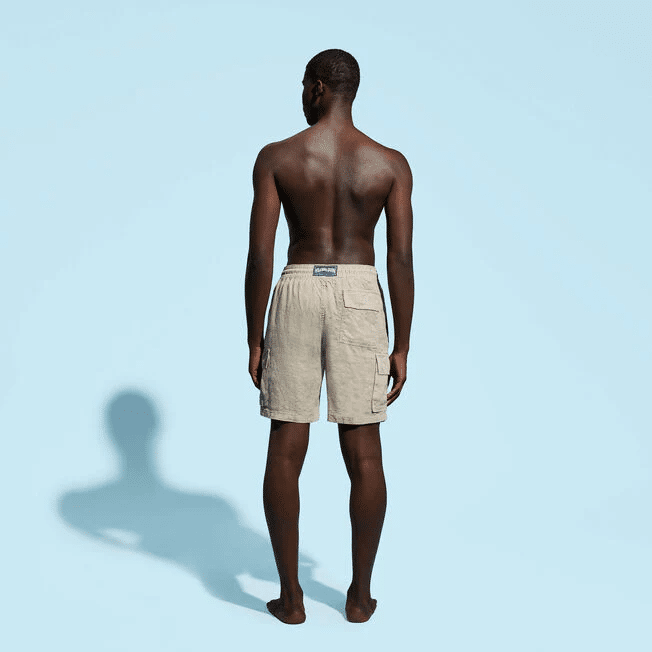 Men Linen Bermuda Short Cargo Pockets Safari Beige - Linen Shorts