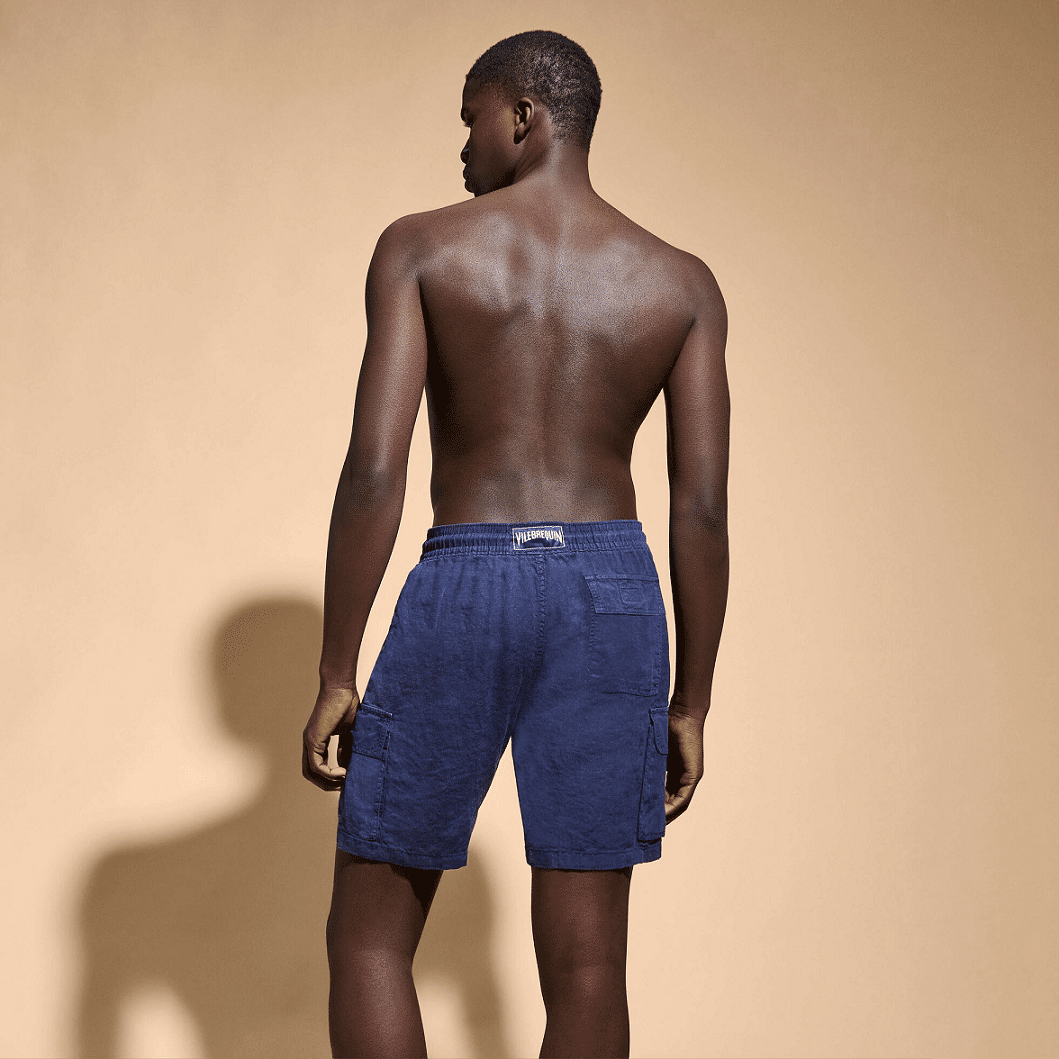 Men Linen Bermuda Short Cargo Pockets Navy - Shorts