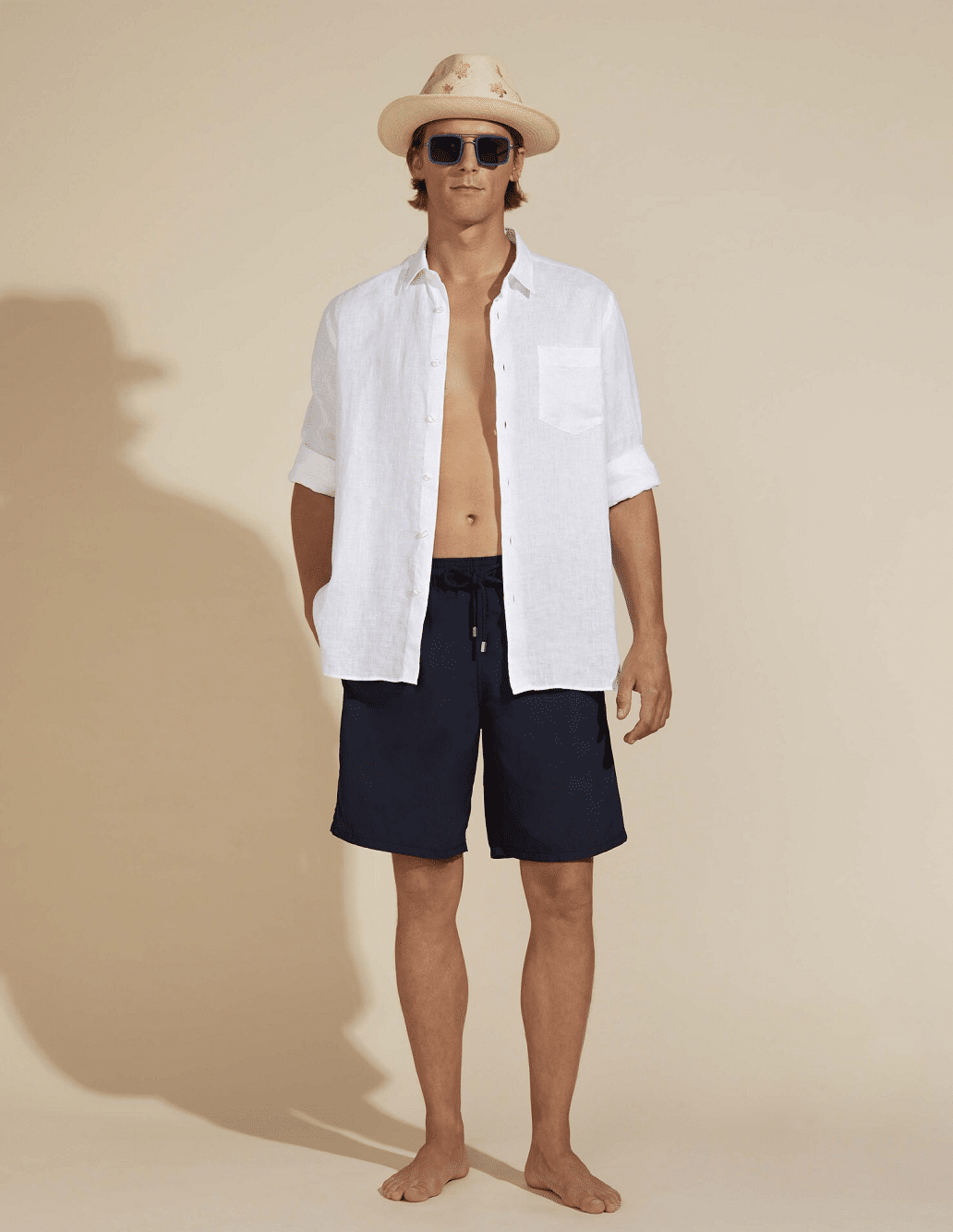 Men Long Swim Shorts Solid Navy Blue