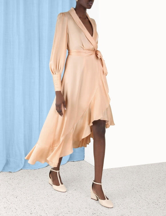 Silk Wrap Midi Dress Sand