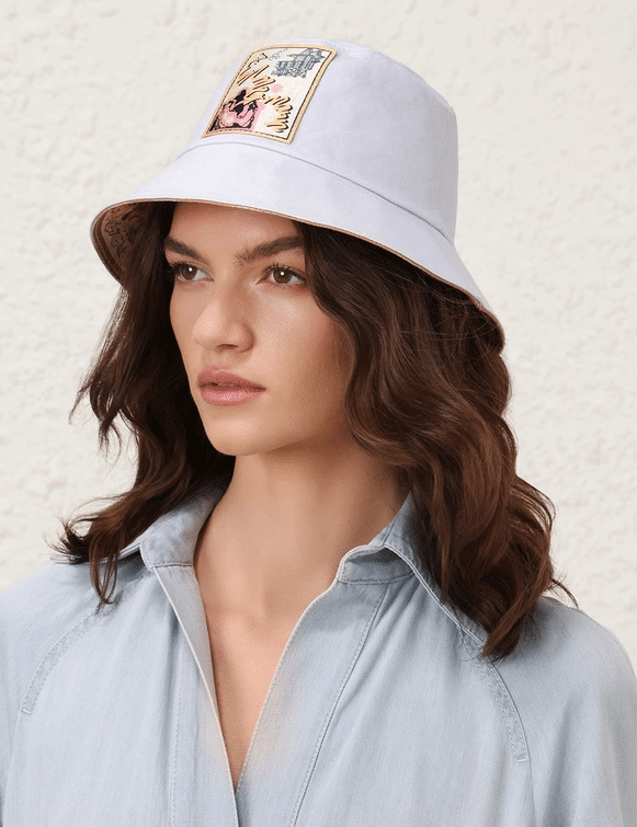 Printed Canvas Bucket Hat Blue Floral - ONE SIZE - Hat