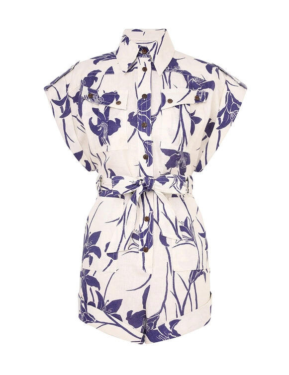 Acadian Cuffed Playsuit Ivory/Blue Floral