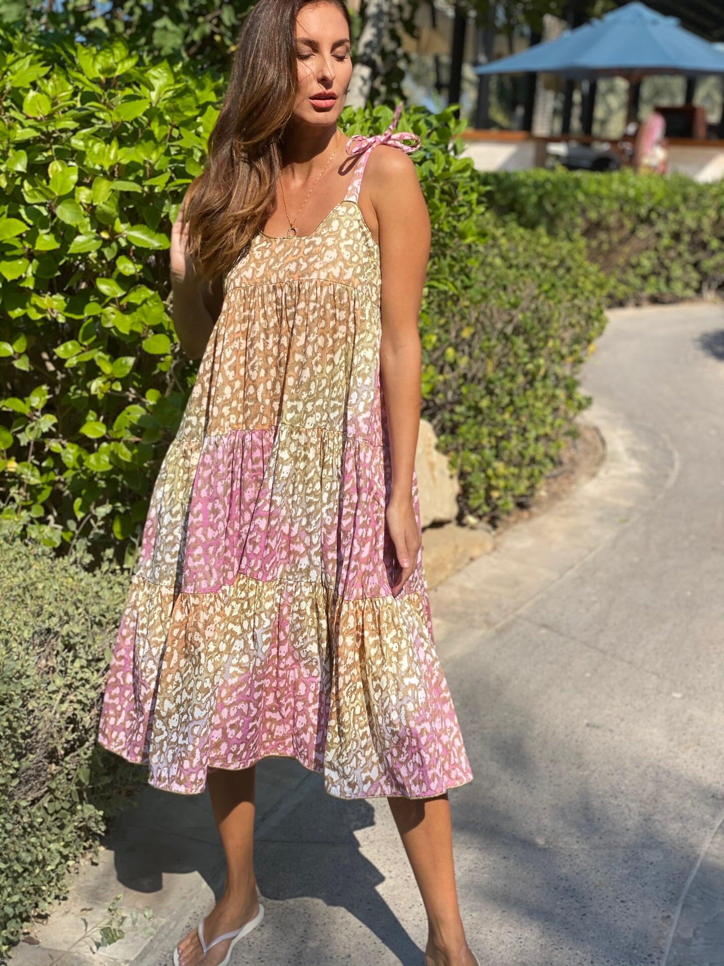 Tie Dye 70’s Sun Dress With Snow Leopard Print Green Lime/Turq - Dress