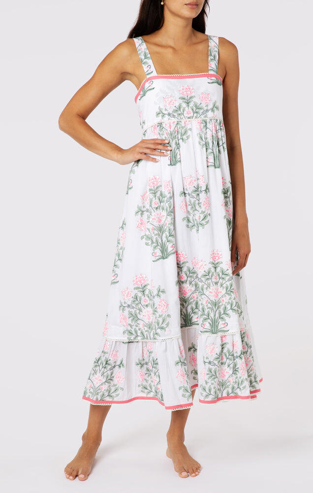 Sash Bow Back Midi Dress In Japanese Flower Print White/Coral/Sage - Dress