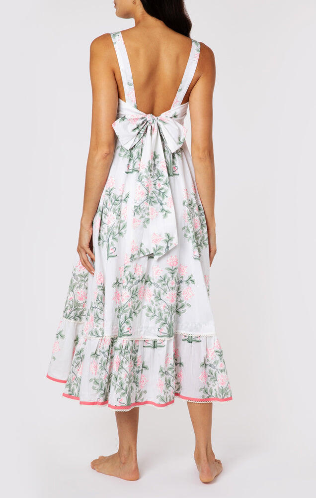 Sash Bow Back Midi Dress In Japanese Flower Print White/Coral/Sage - Dress