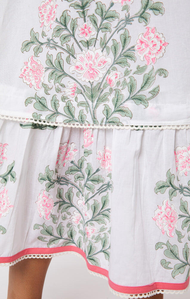 Sash Bow Back Midi Dress In Japanese Flower Print White/Coral/Sage - Dress