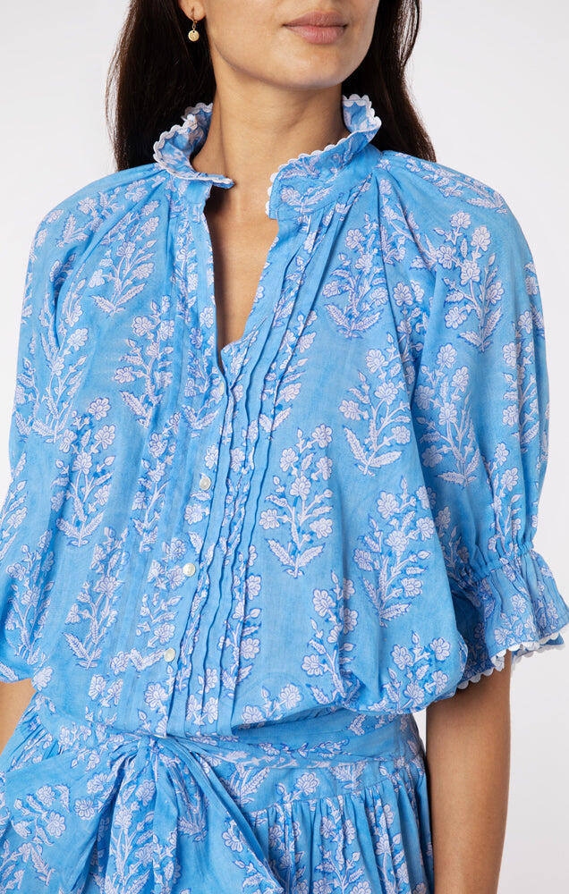 Blouson Dress: Flower Block Print in Dual Blue Tones