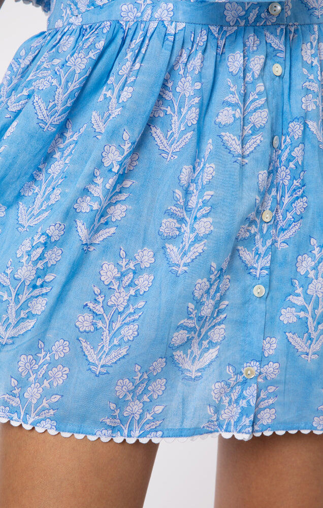 Blouson Dress: Flower Block Print in Dual Blue Tones