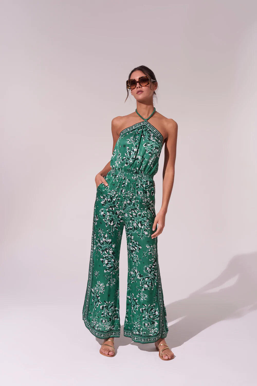 Wide Leg Jumpsuit in Green Floral Print