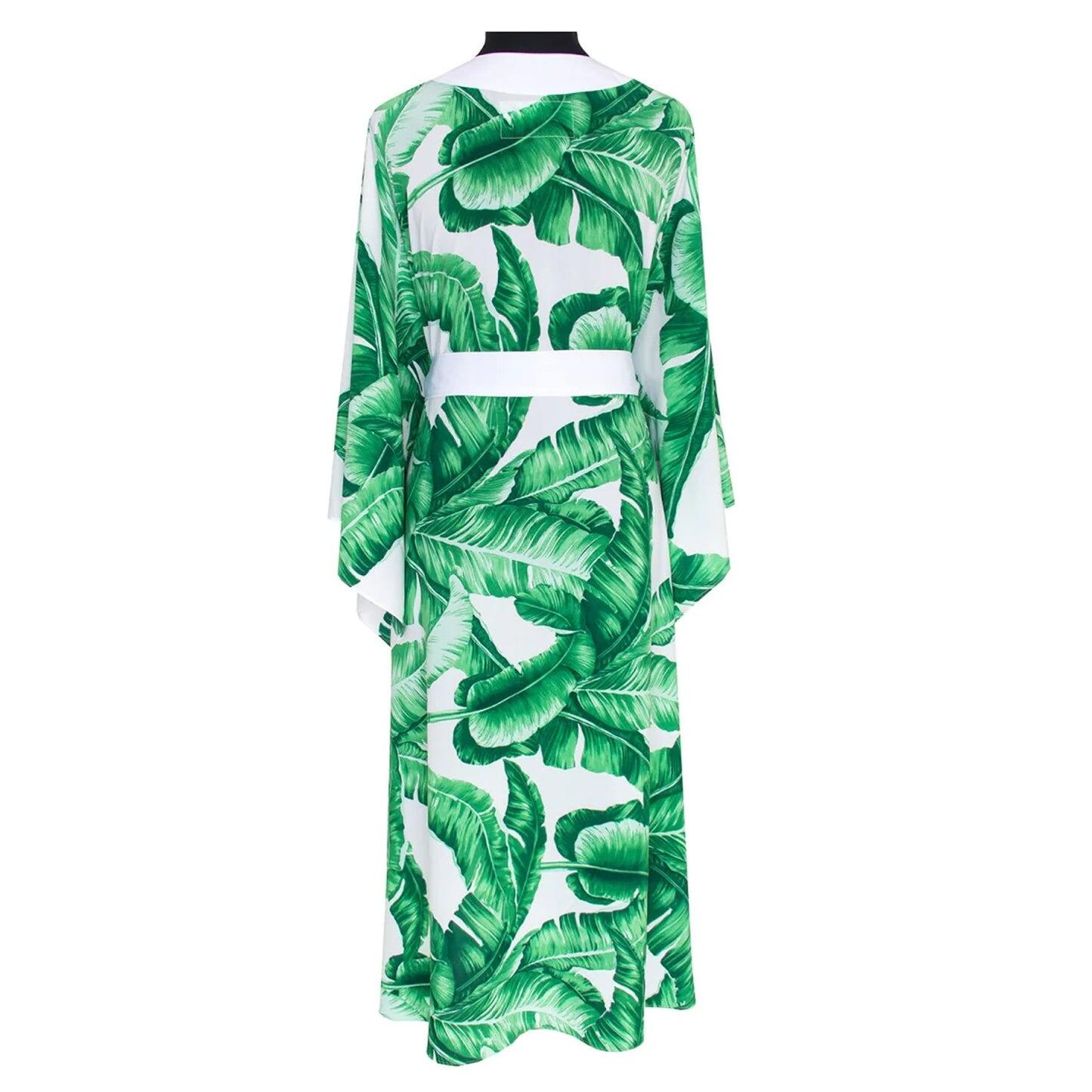 Jungle Green Palm Long kimono Off White - Kimono