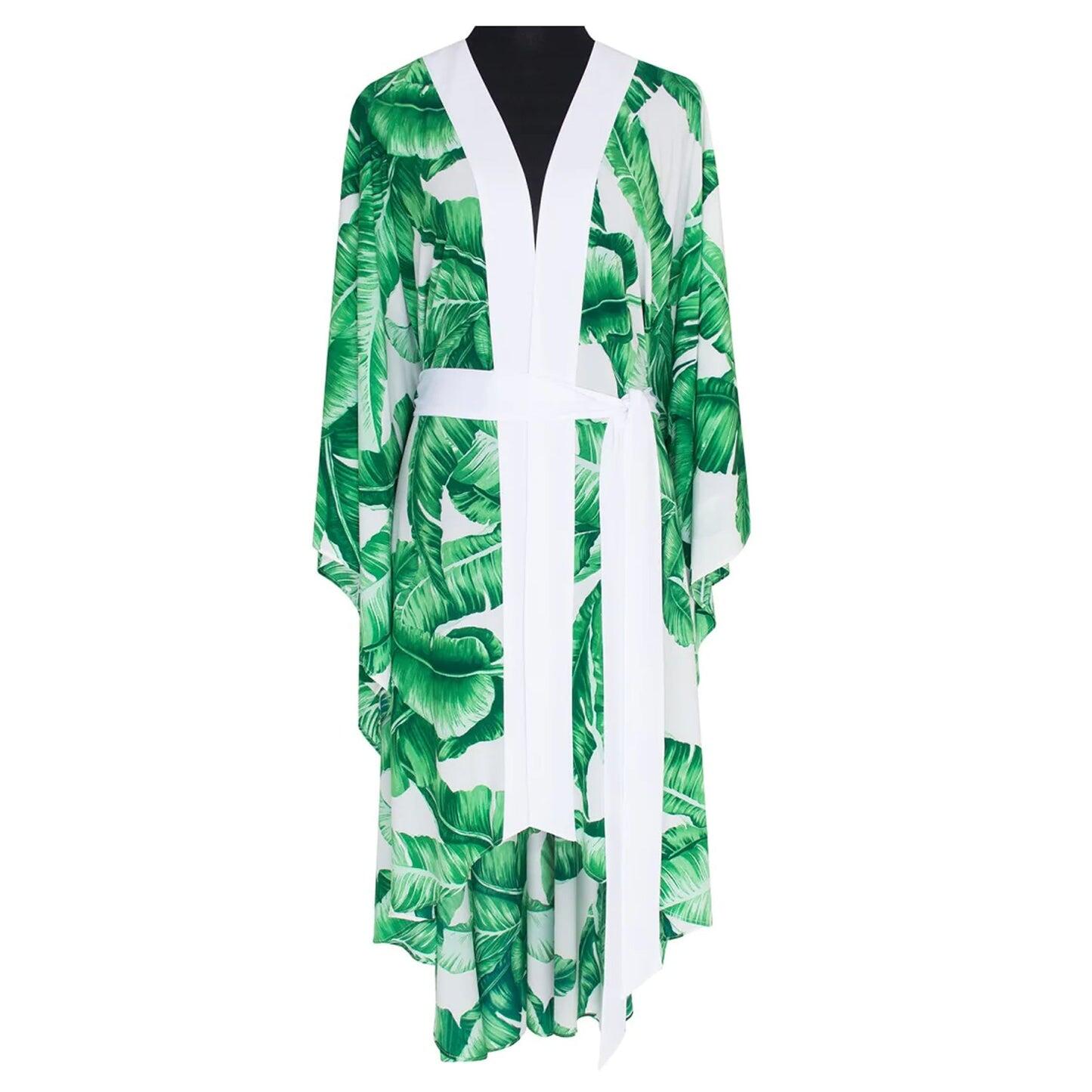 Jungle Green Palm Long kimono Off White - Kimono