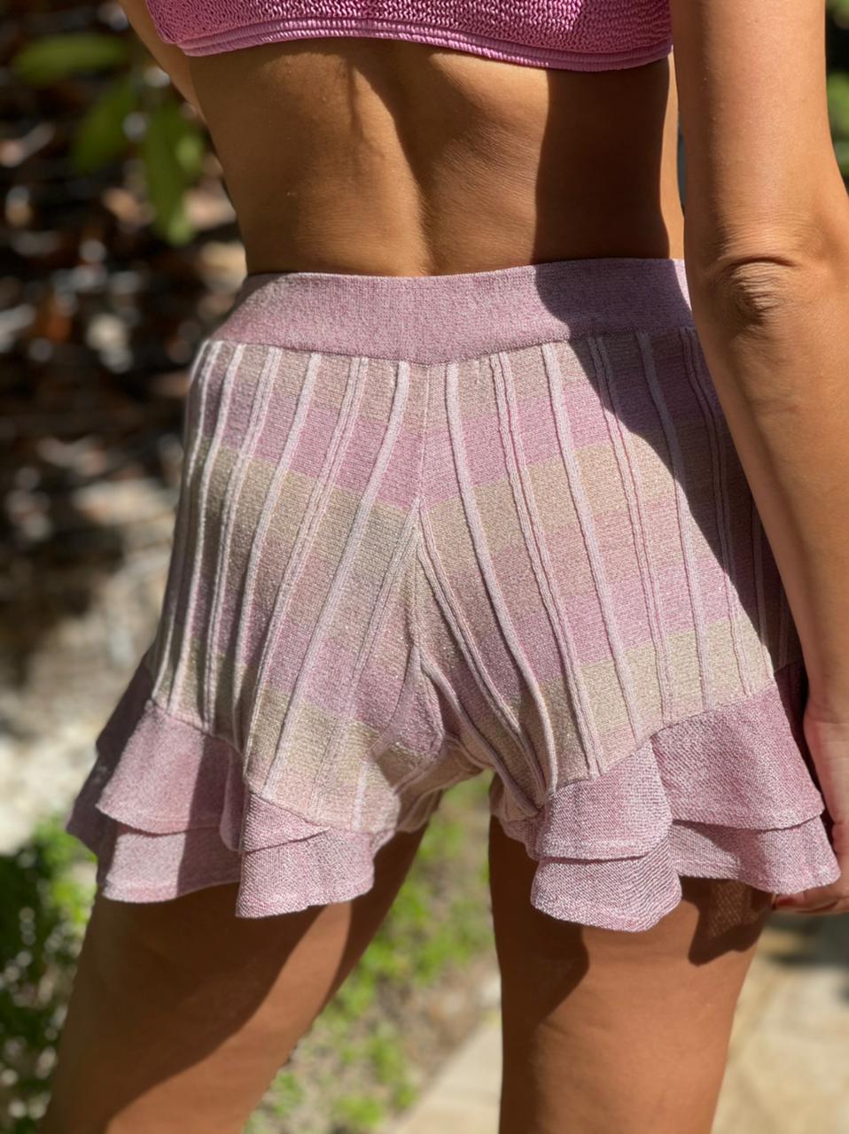 Load image into Gallery viewer, Striped Frill Shorts In Ribbed Knit With Tie Belt Pink
