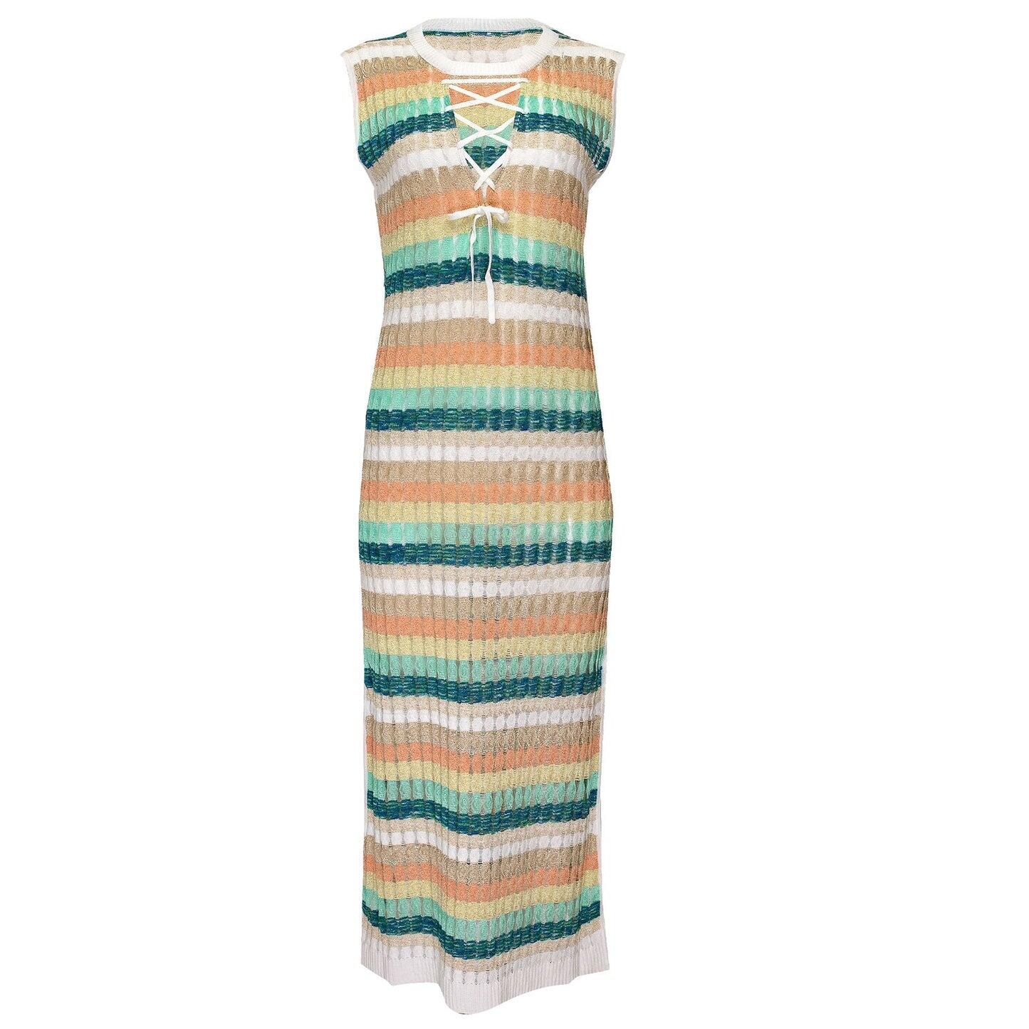Load image into Gallery viewer, Racking Knit Maxi Dress with Criss Cross Front Neckline White/Green

