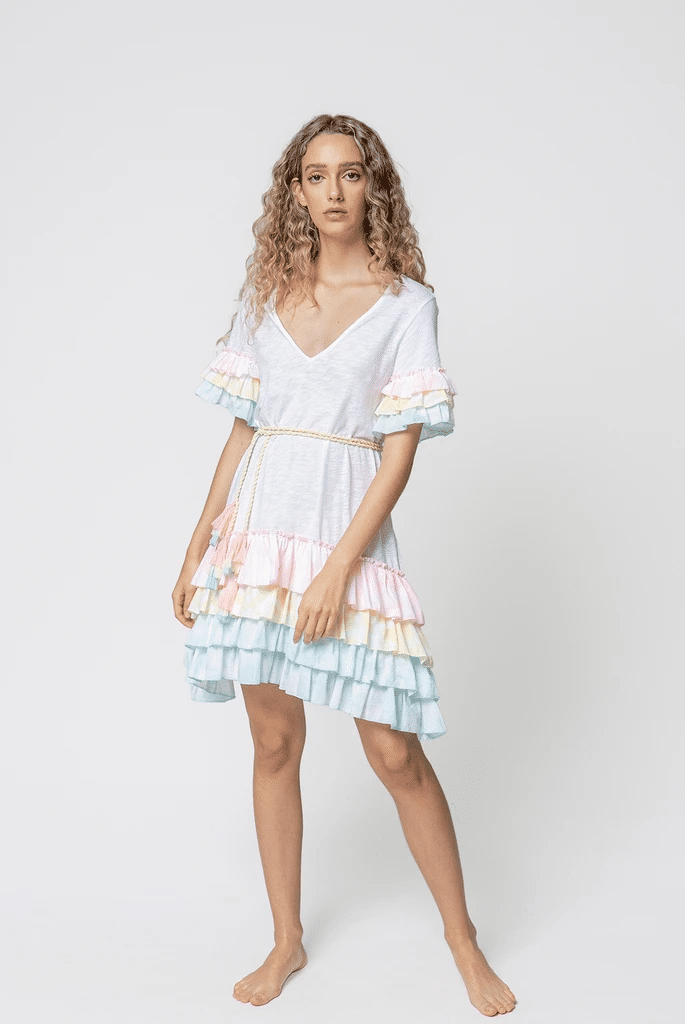Woman in Ruffle Midi Dress Pastel