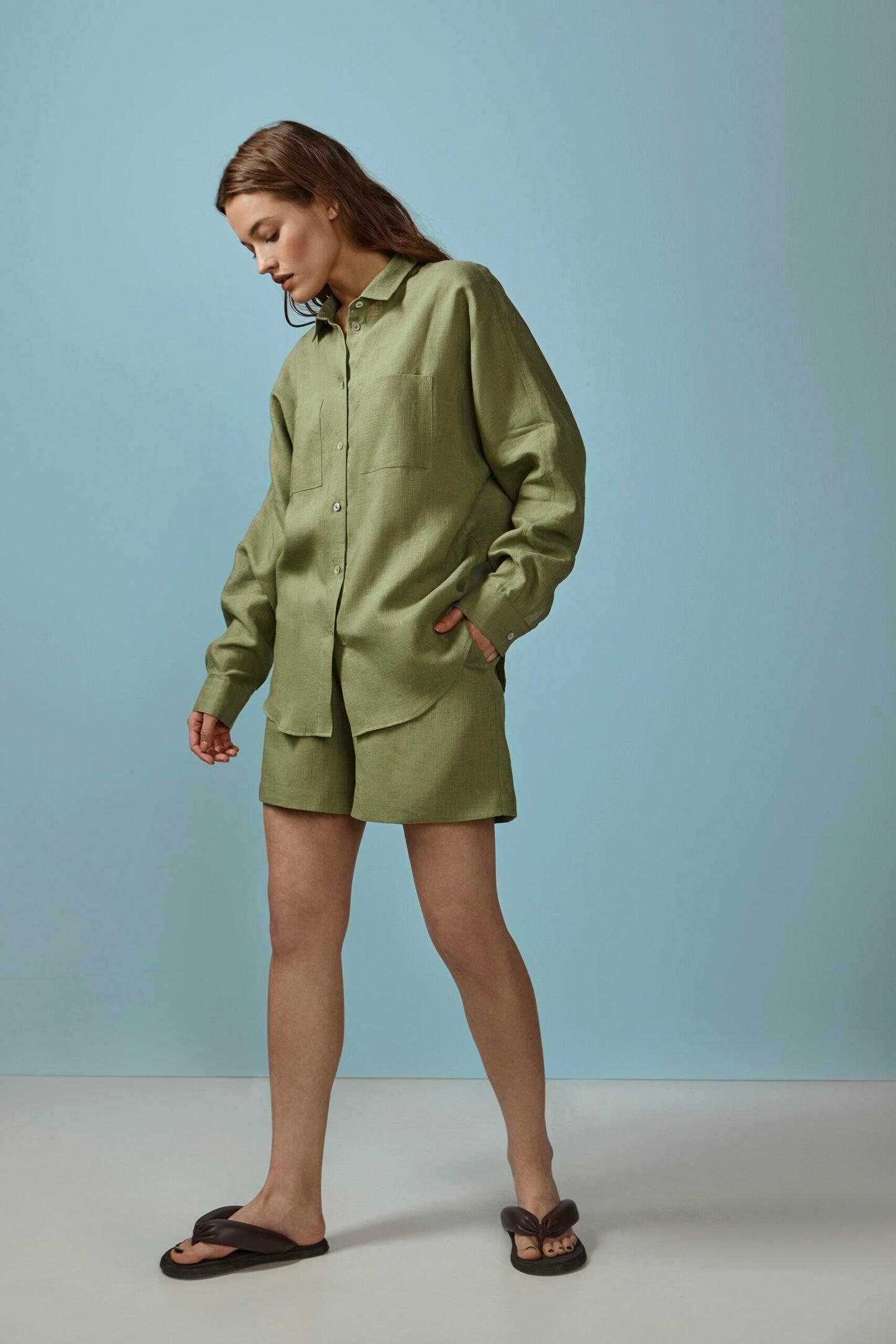 Olive Linen Shirt - Top