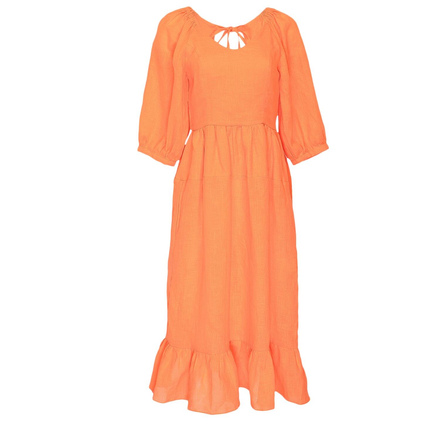 Neon Orange Linen Dress With Frill