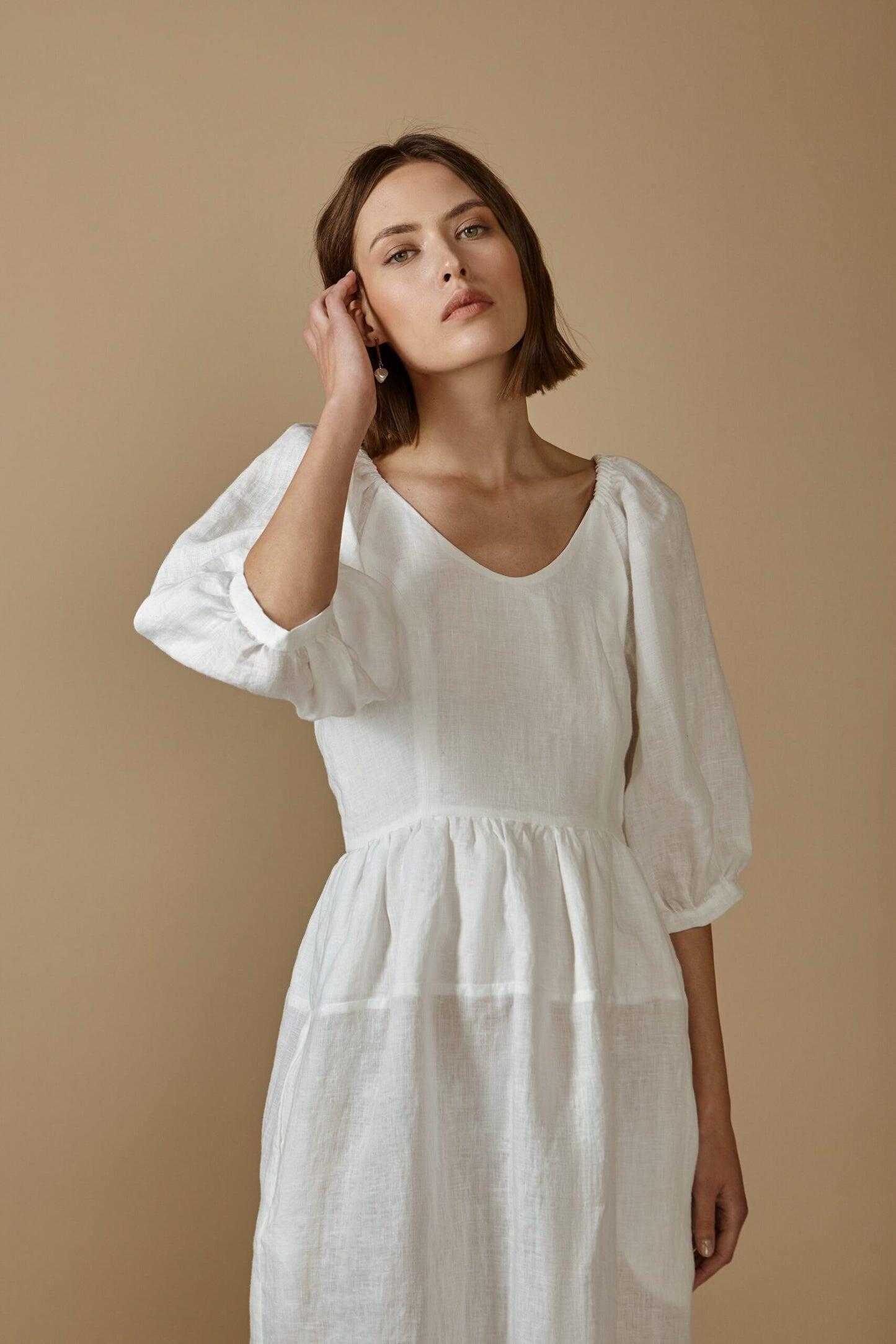 White Linen Dress With Frill