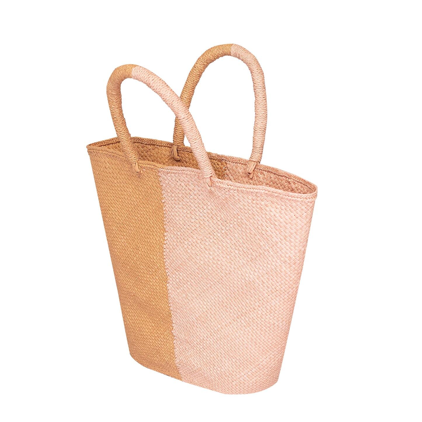 Load image into Gallery viewer, Capri Small Straw Two-Tone Tote Small Bag Cinnamon &amp;amp; Coral
