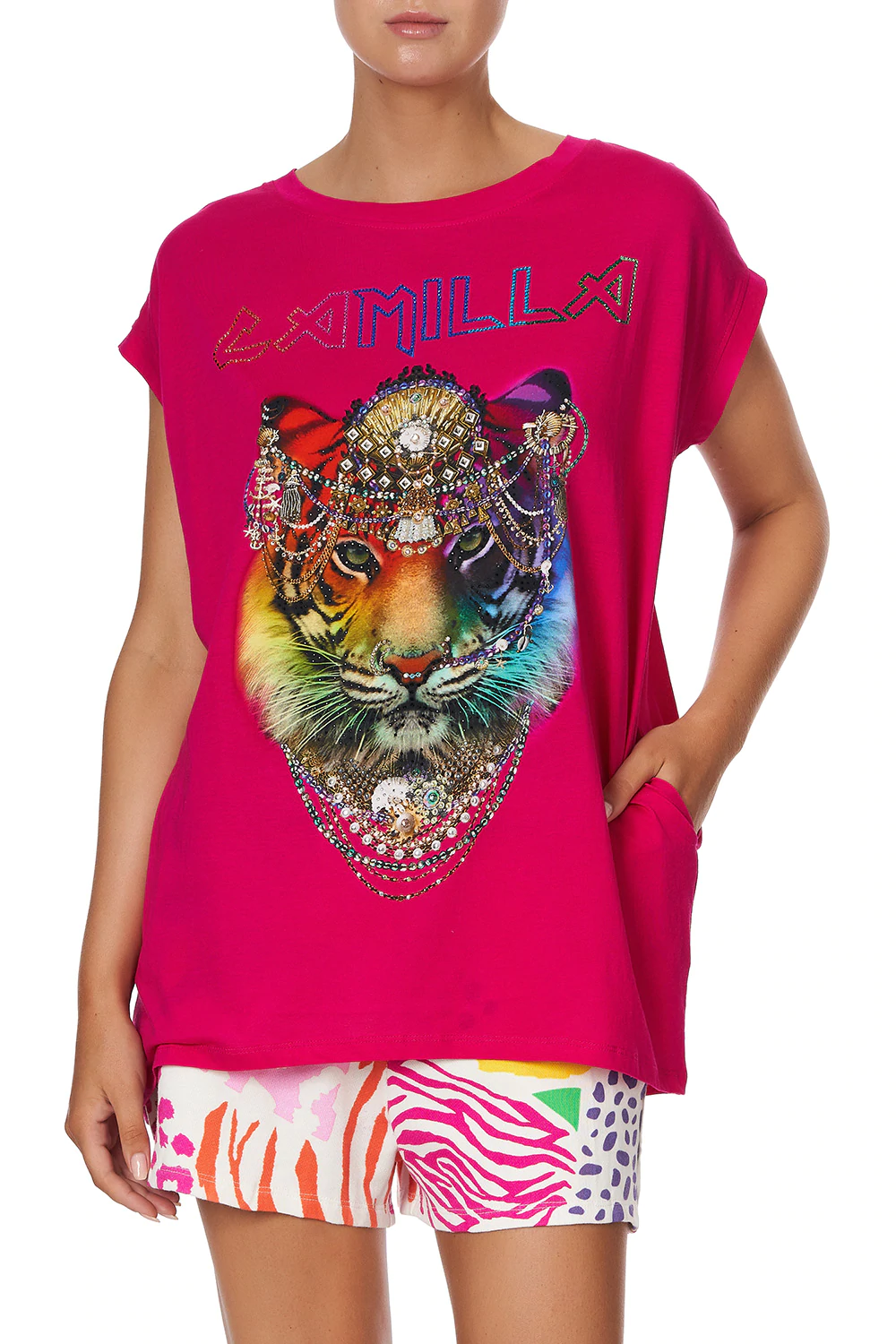Tiger Print T Shirt in Bright Pink