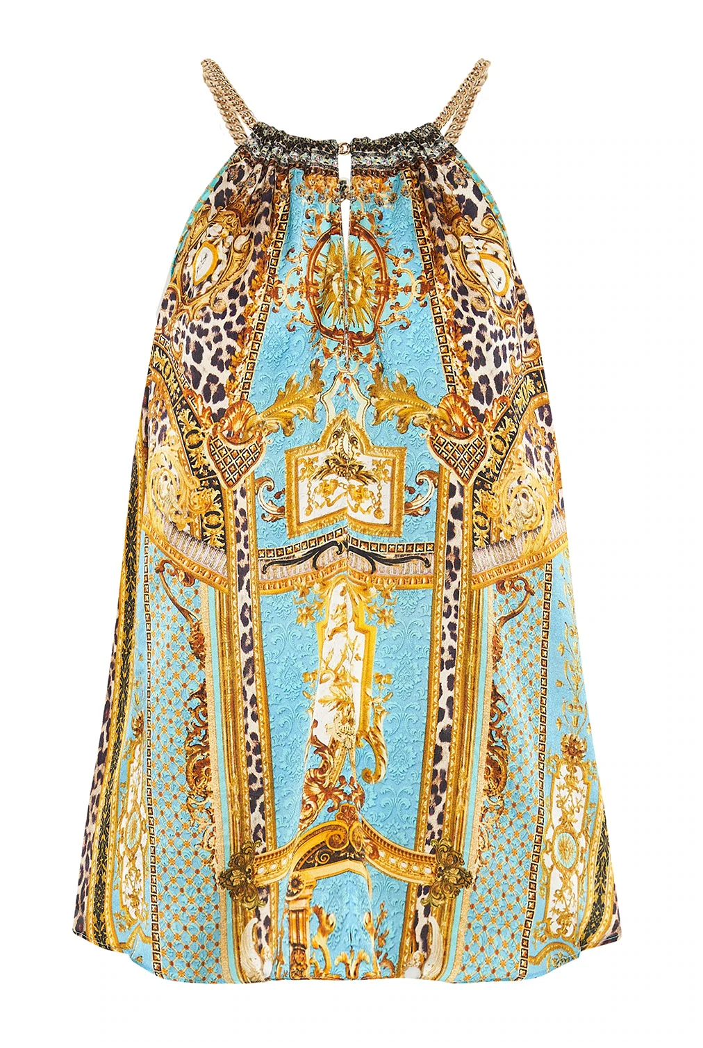 leopard print silk camisole in blue/gold