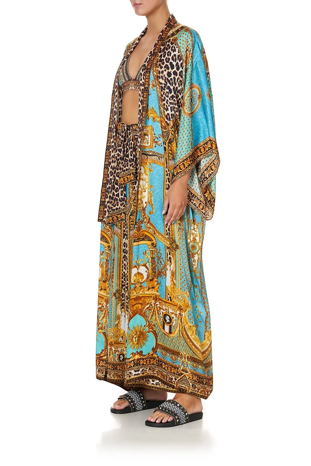 Maxi Silk Kimono Robe with Leopard Print