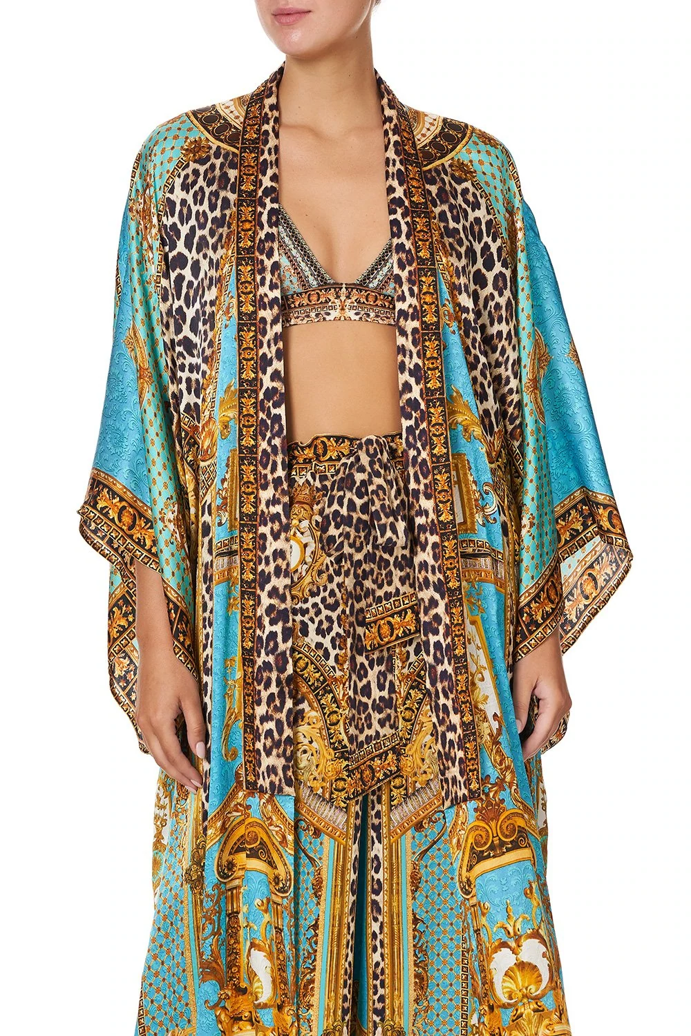 Blue Womens Kimono Jacket with Gold Accents