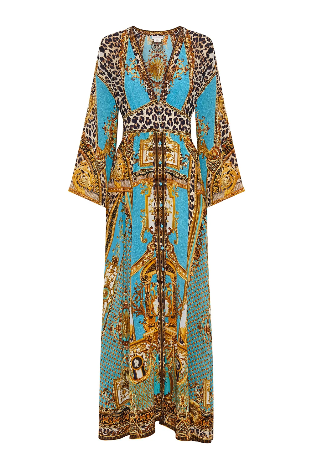 long sleeve kimono dress in blue/gold