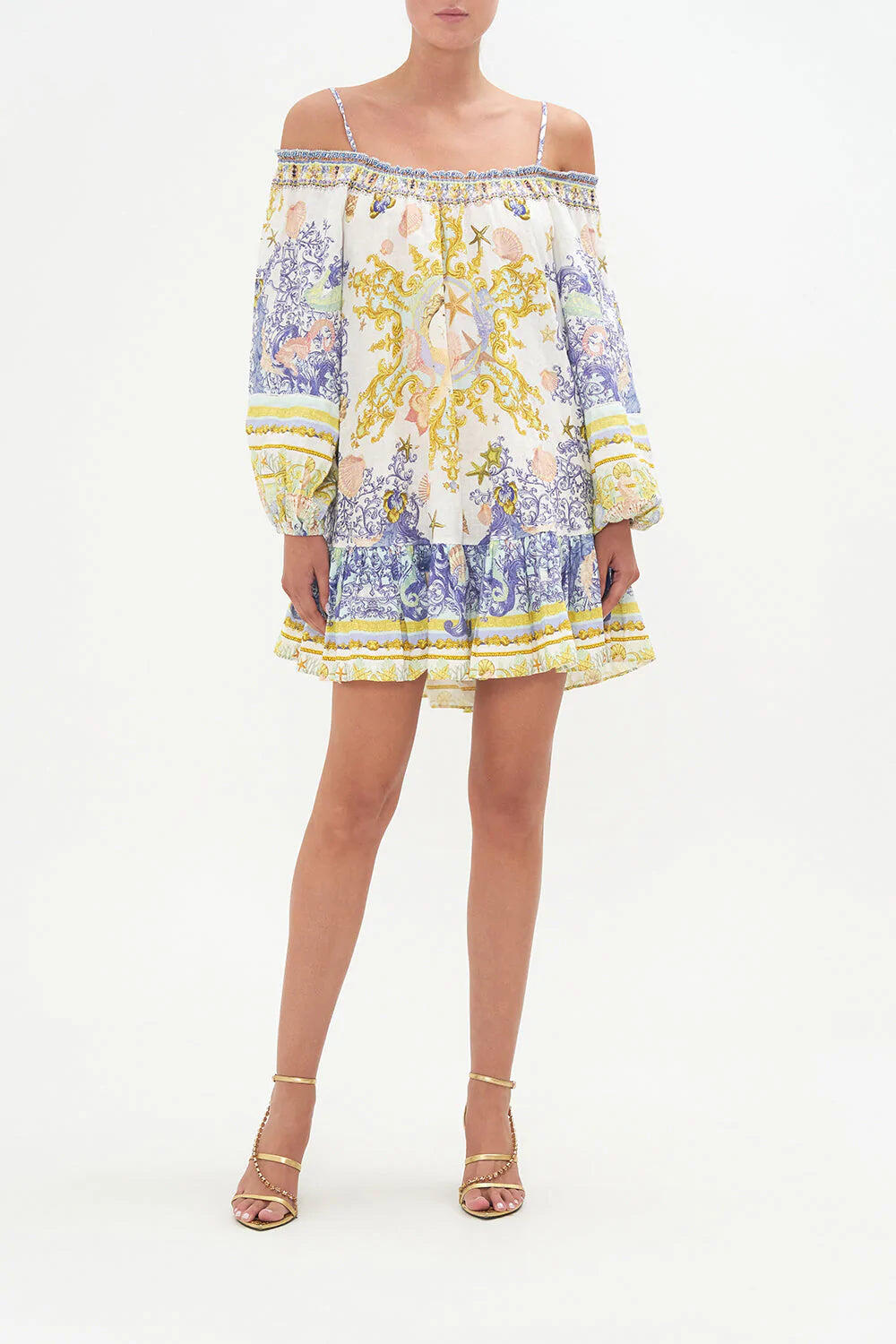 White Off Shoulder Dress with Sea Horse Print