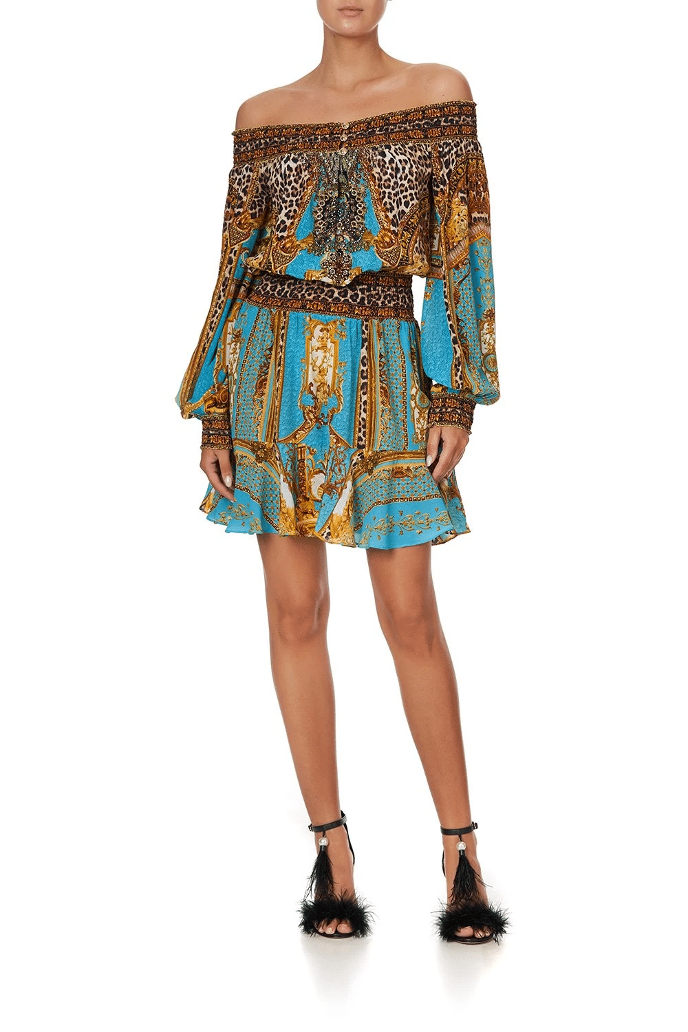 Off Shoulder Short Silk Dress in Blue/Gold