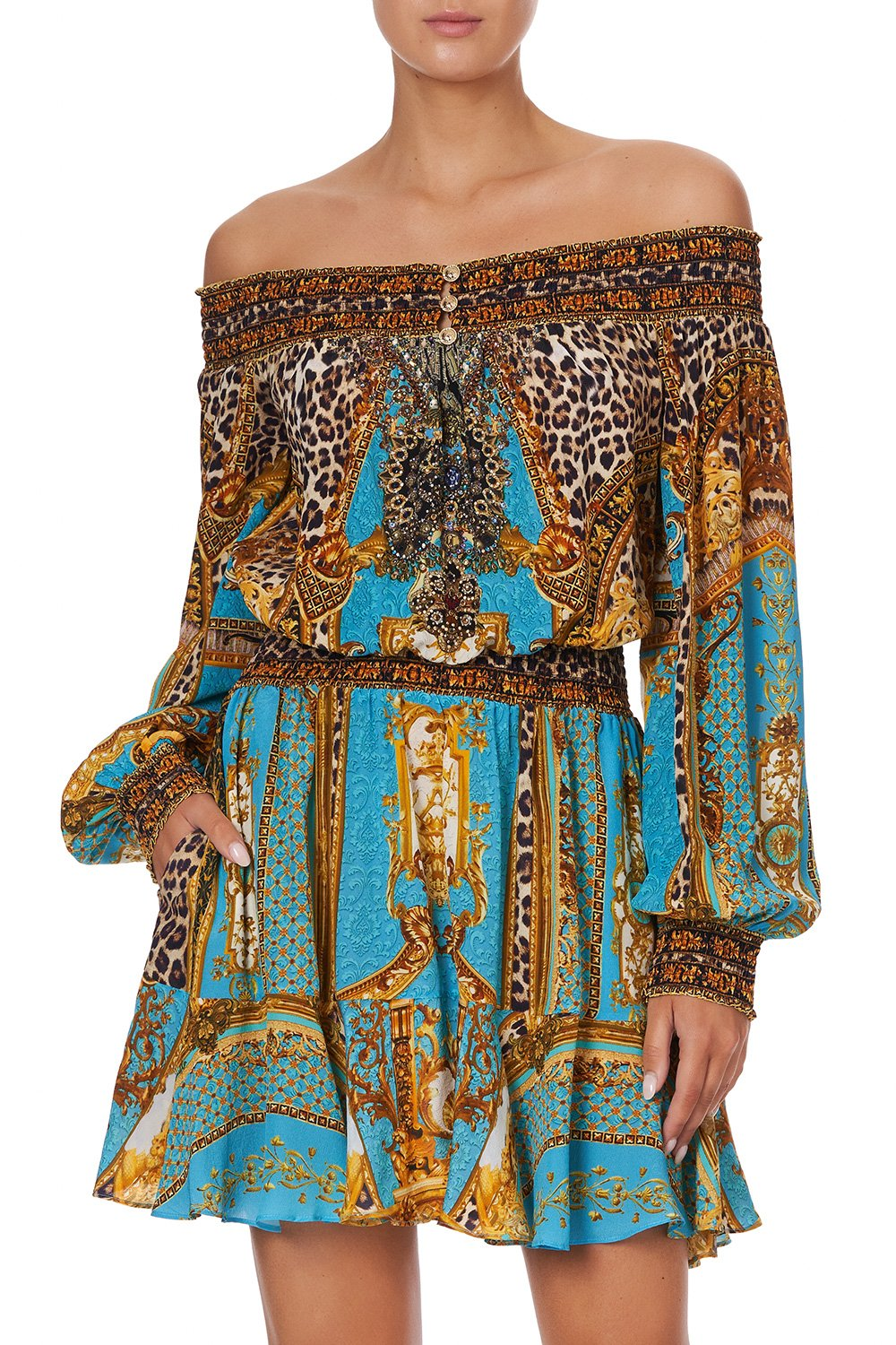 off shoulder short dress with crystal embellishment
