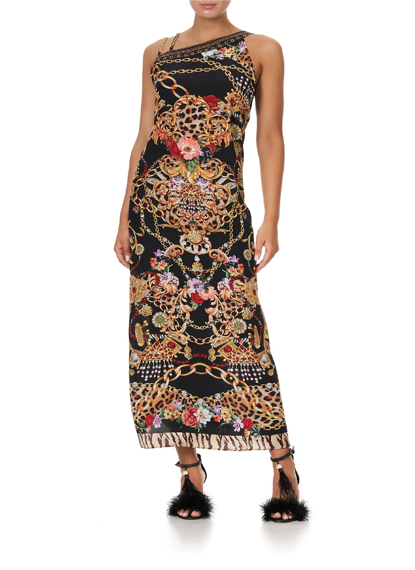 One Shoulder Kaftan Dress in Black Print 