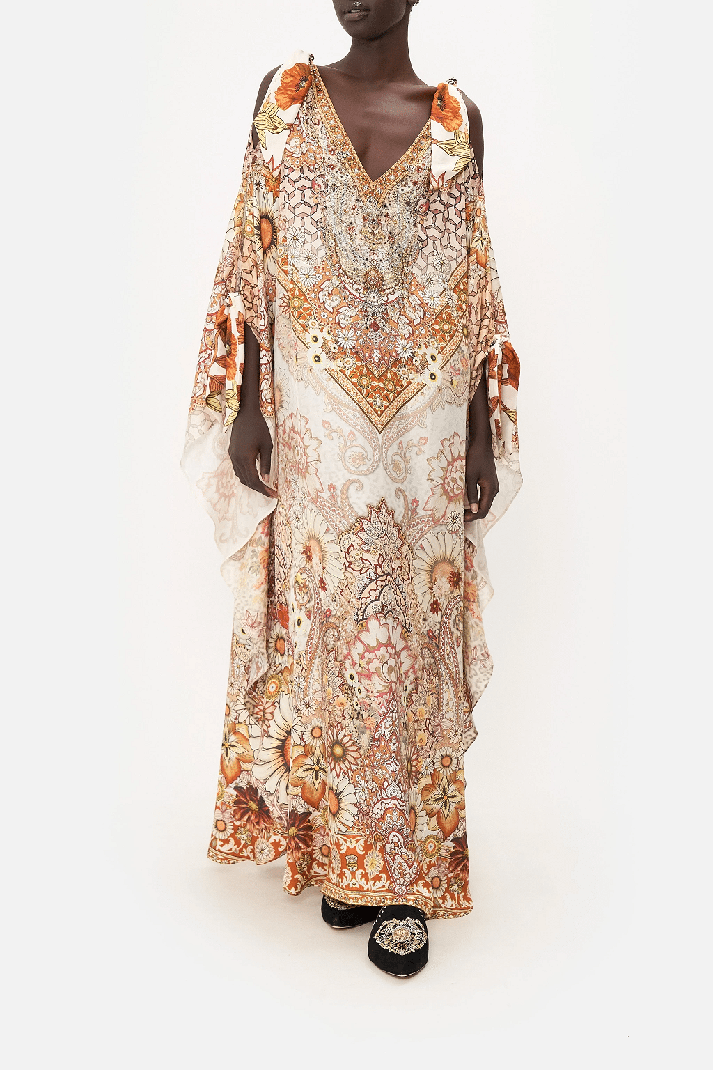 Embellished Silk Kaftan Dress in Paisley 