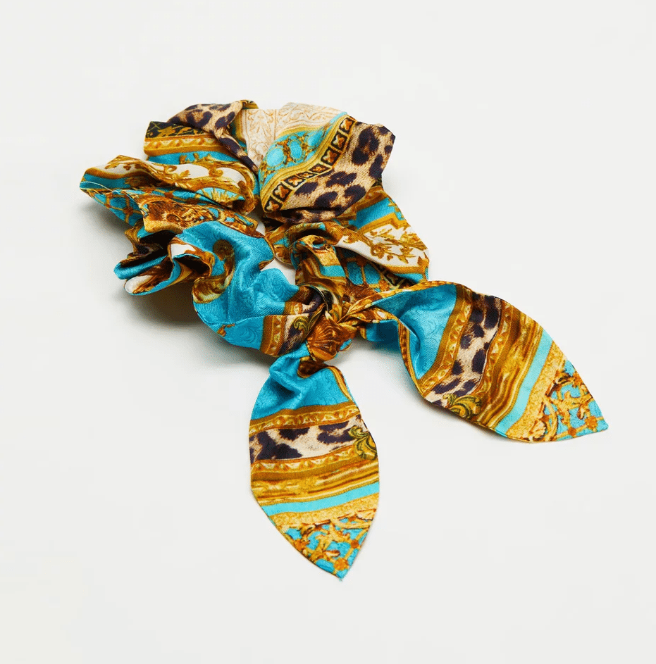 Leopard Print Silk Scrunchie in Blue/Gold 