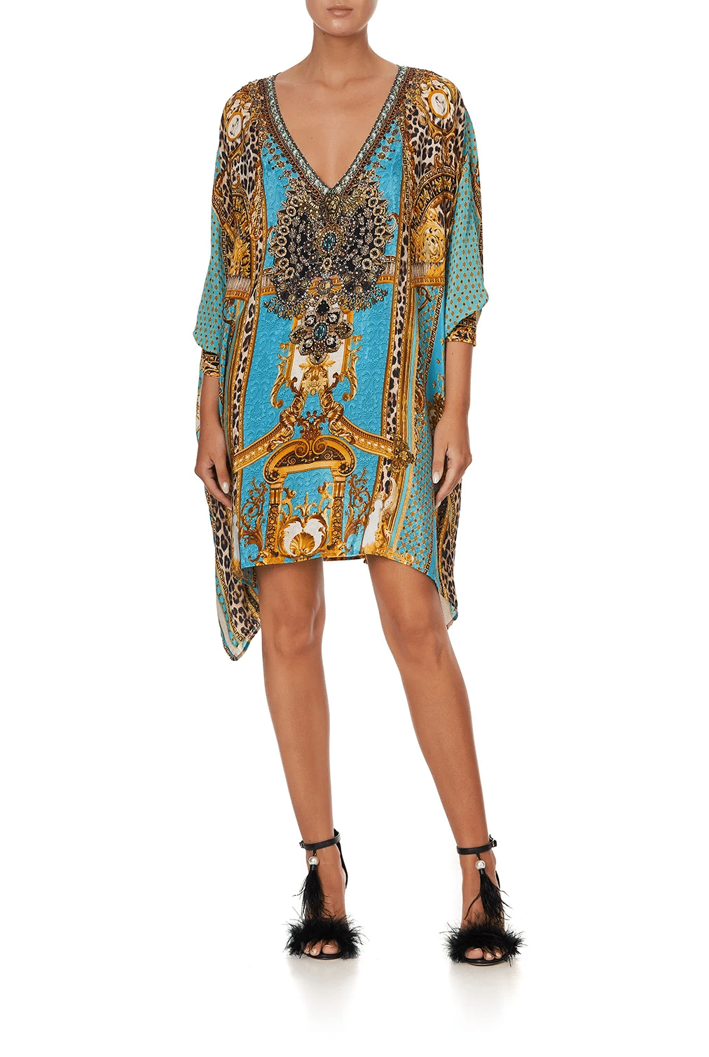 Camilla Short Silk Kaftan with Deep V Neck Leopard Print Kaftan