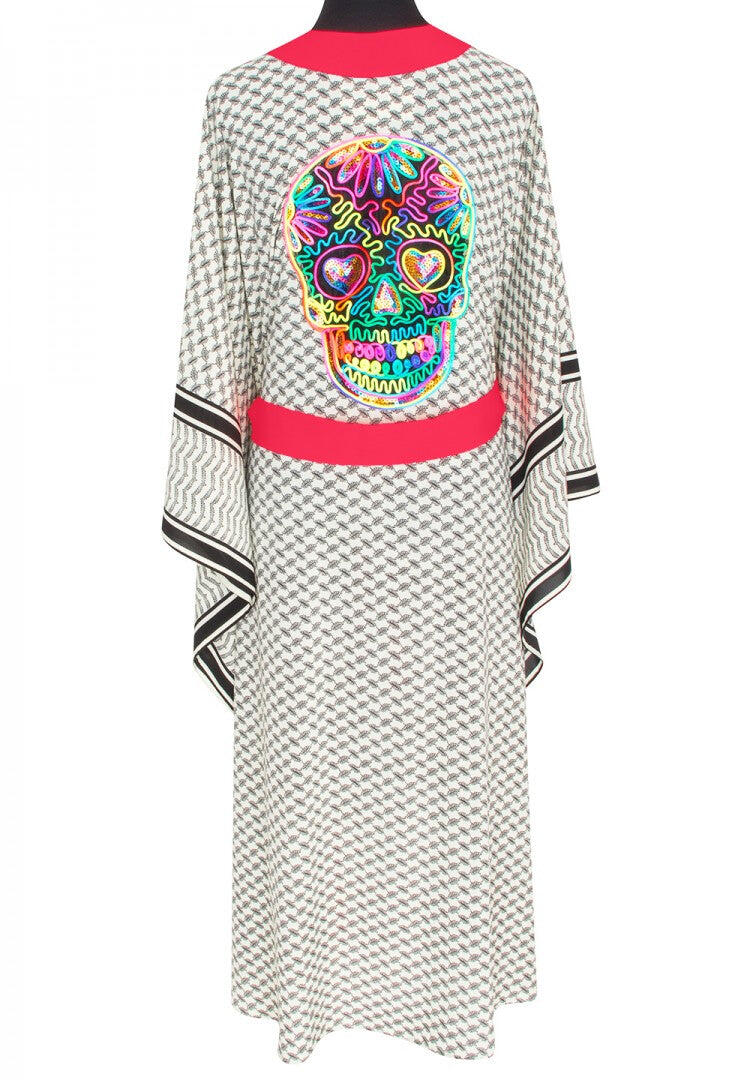 Desert Tribe Long Kimono Skull Neon Coral - Kaftan
