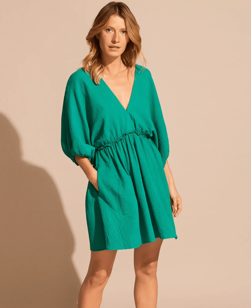 Womens V Neck Mini Dress in Green