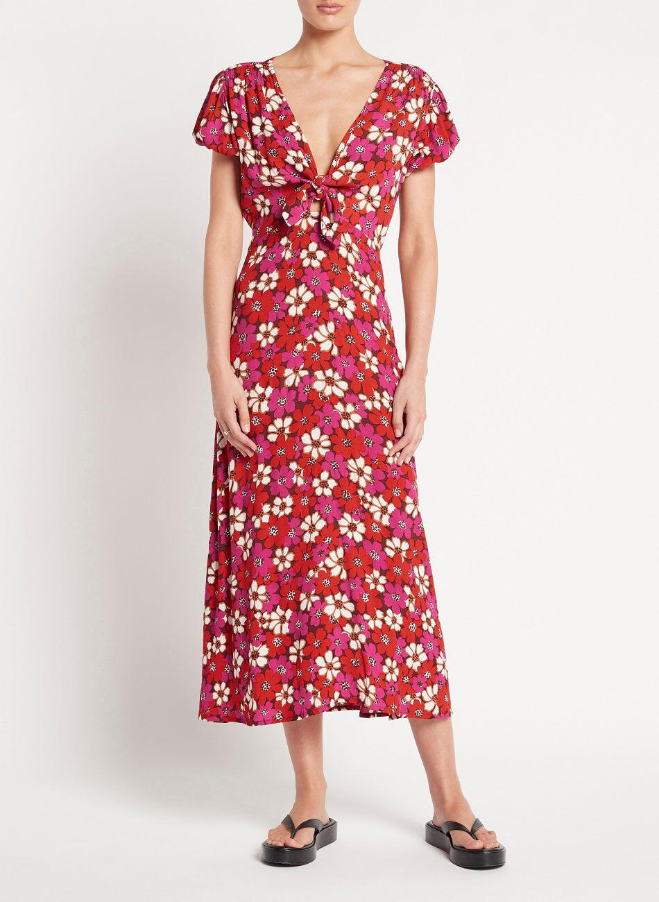 Floral Midi Dress in Red/Fuchsia