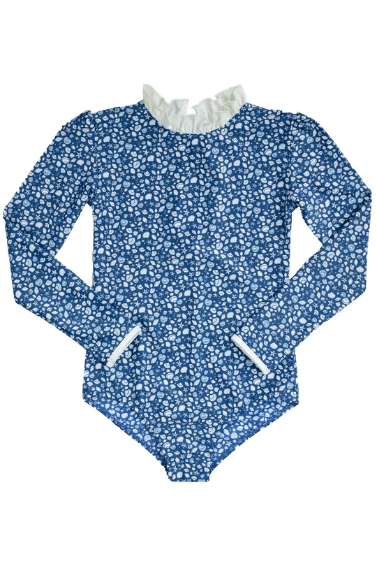Blue Long Sleeve Rash Guard for Girls | Girls Rash Guard with Ruffles