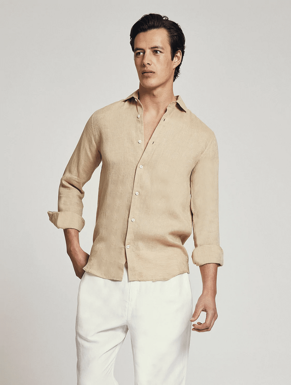 Linen Long Sleeve Shirt in Beige