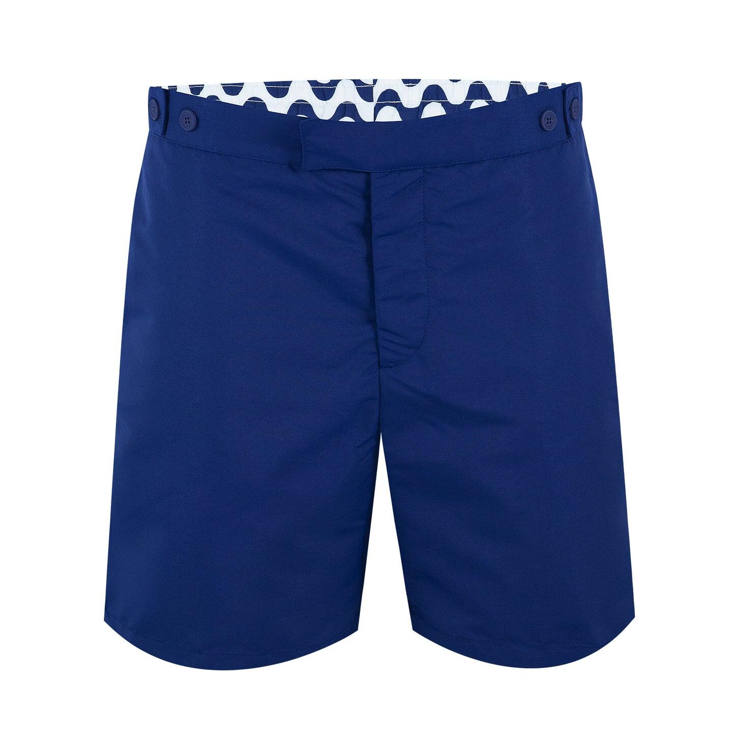 mens knee length tailored swim trunks in navy blue 