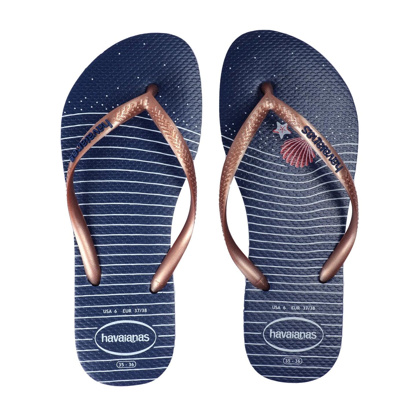 Load image into Gallery viewer, Havaianas Women Slim Nautical Navy Blue Rose Gold
