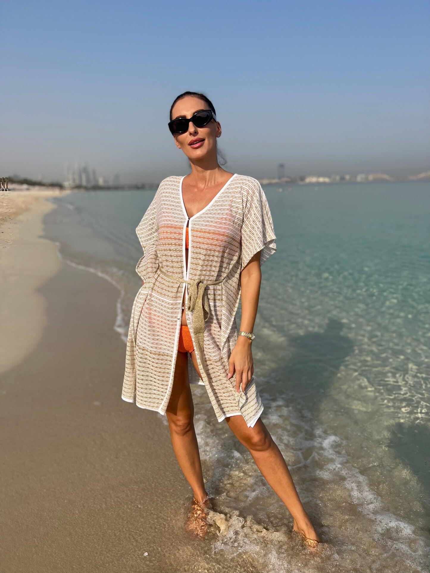 Load image into Gallery viewer, Two Tone Drop Stitch Knit Short Open Kaftan White/Gold
