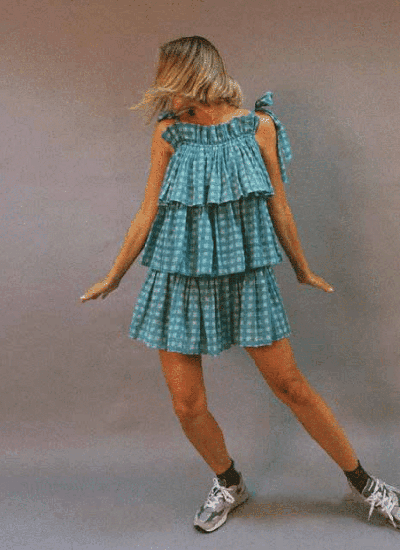 Load image into Gallery viewer, Tiered Mini Dress in Aqua Gingham 
