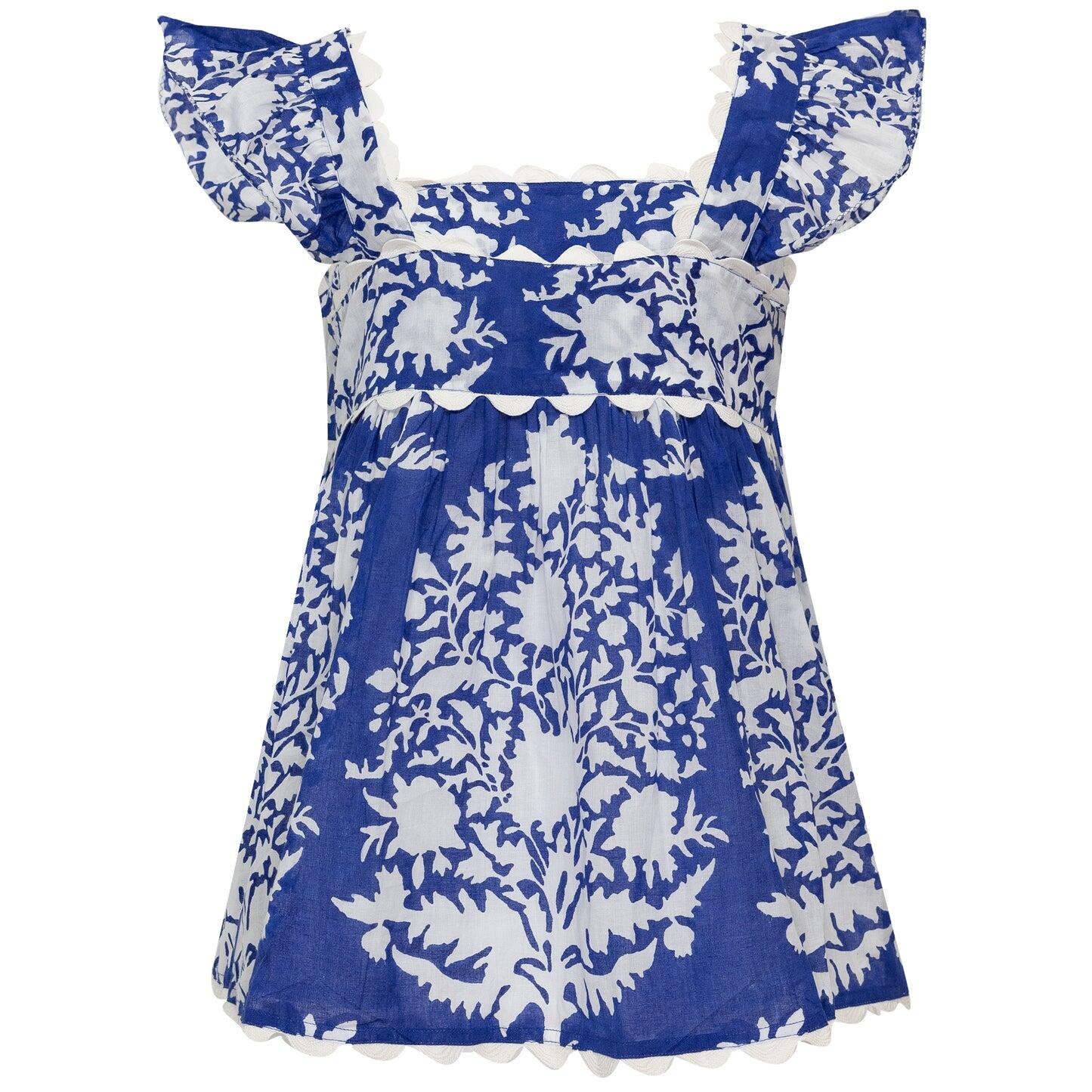 Baby Doll Top In Palladio Block Print Lined Blue