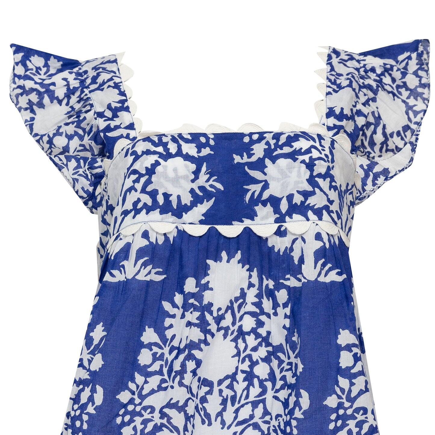 Baby Doll Top In Palladio Block Print Lined Blue