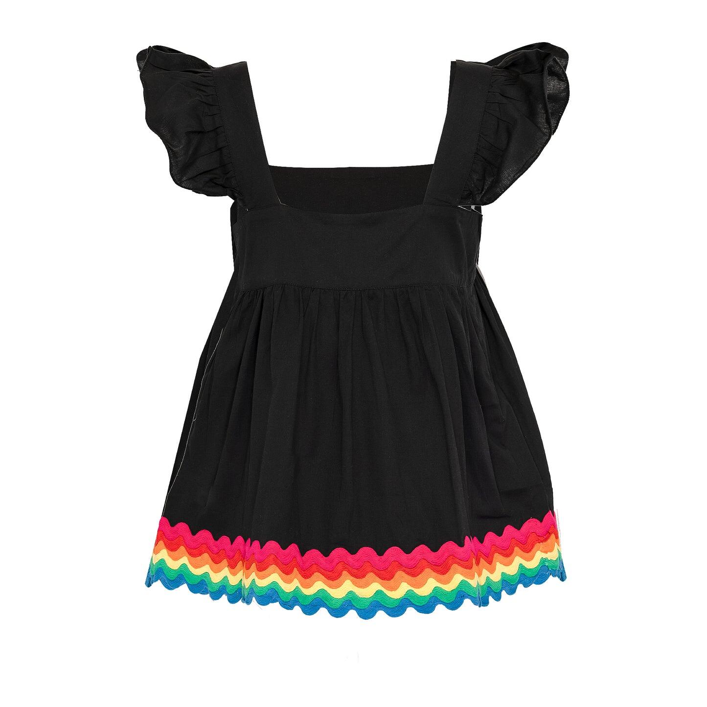 Load image into Gallery viewer, Baby Doll Top with Rainbow Ric Rac Trim - Lined Black/Rainbow Bright
