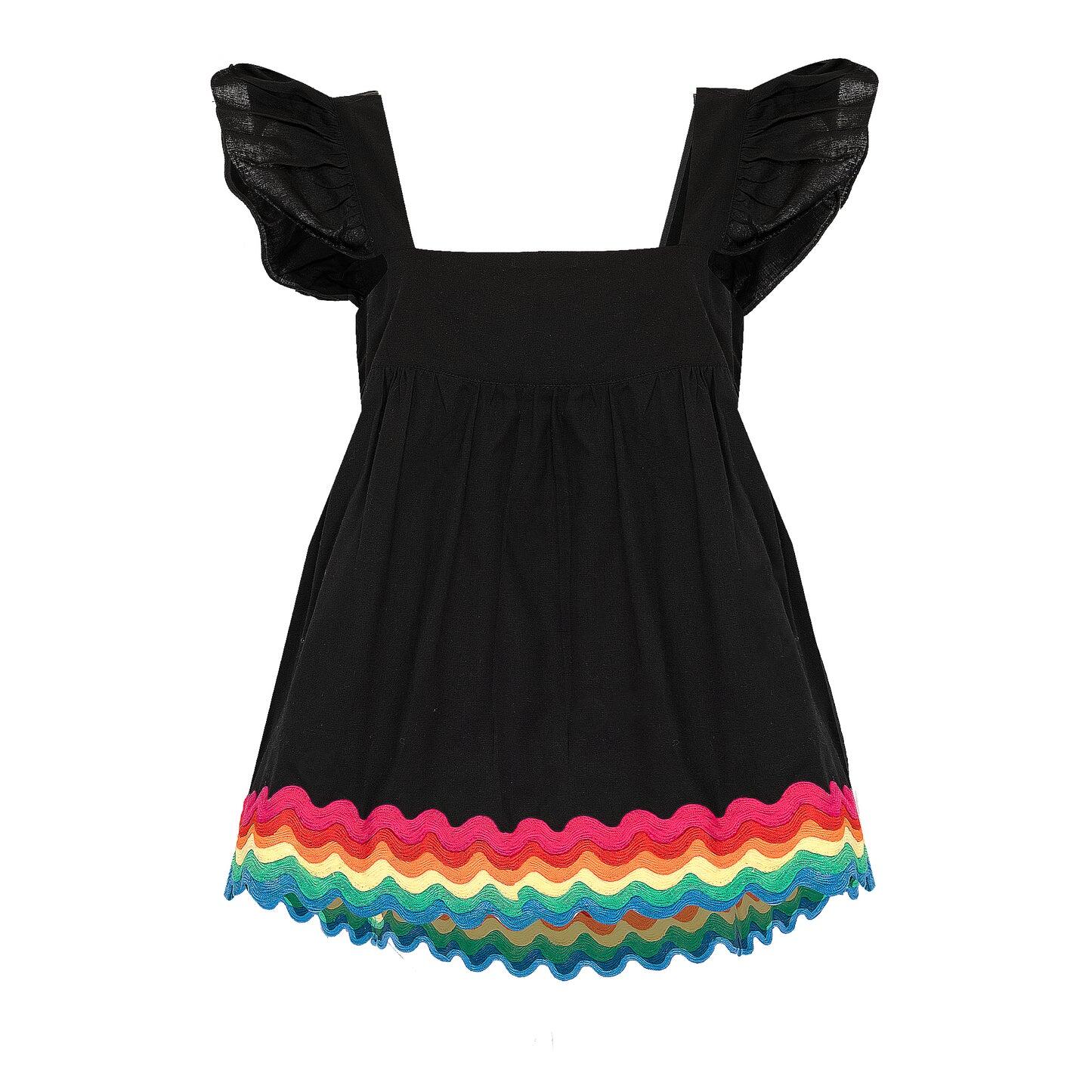 Load image into Gallery viewer, Baby Doll Top with Rainbow Ric Rac Trim - Lined Black/Rainbow Bright
