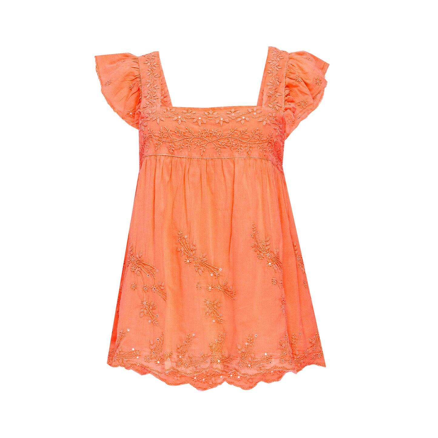Baby Doll Top with Tonal Embro - Lined Neon Orange