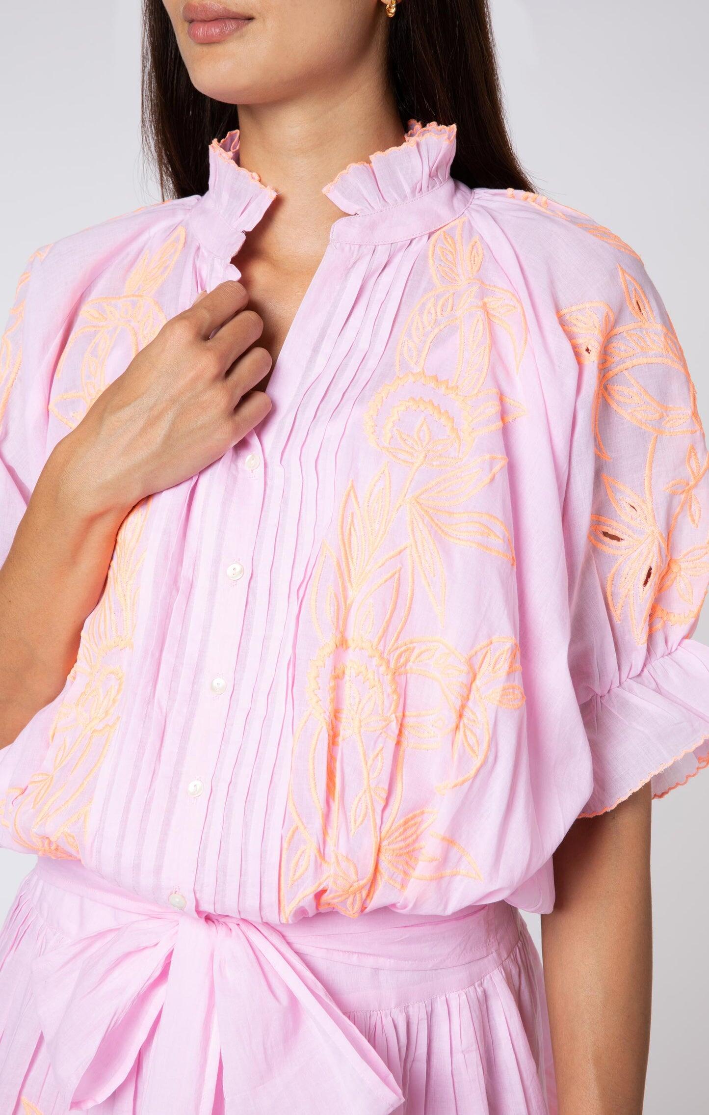 Contrast Cut Out Embro Blouson Dress - With Slip Pale Pink/Neon Peach - Dress