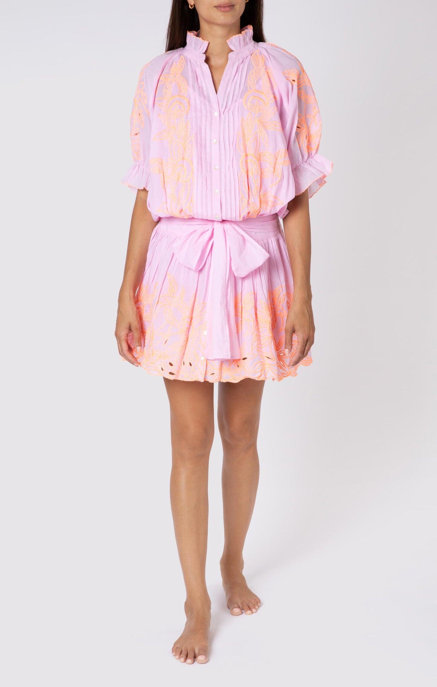 Contrast Cut Out Embro Blouson Dress - With Slip Pale Pink/Neon Peach